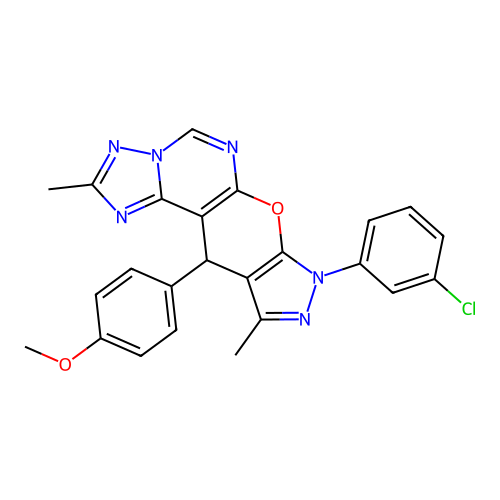 8-(3-chlorophenyl)-11-(4-methoxyphenyl)-2,10-dimethyl-8,11-dihydropyrazolo[4',3':5,6]pyrano[3,2-e][1,2,4]triazolo[1,5-c]pyrimidine structure