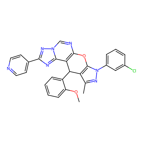 8-(3-chlorophenyl)-11-(2-methoxyphenyl)-10-methyl-2-(pyridin-4-yl)-8,11-dihydropyrazolo[4',3':5,6]pyrano[3,2-e][1,2,4]triazolo[1,5-c]pyrimidine structure