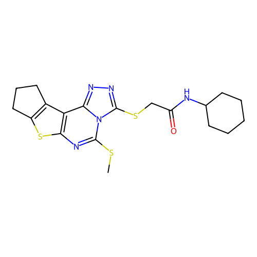 N-cyclohexyl-2-((5-(methylthio)-9,10-dihydro-8H-cyclopenta[4,5]thieno[3,2-e][1,2,4]triazolo[4,3-c]pyrimidin-3-yl)thio)acetamide structure