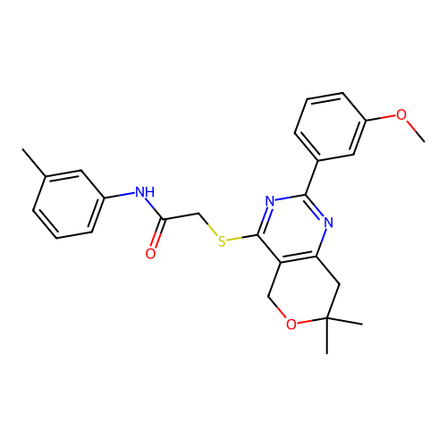 2-((2-(3-methoxyphenyl)-7,7-dimethyl-7,8-dihydro-5H-pyrano[4,3-d]pyrimidin-4-yl)thio)-N-(m-tolyl)acetamide structure