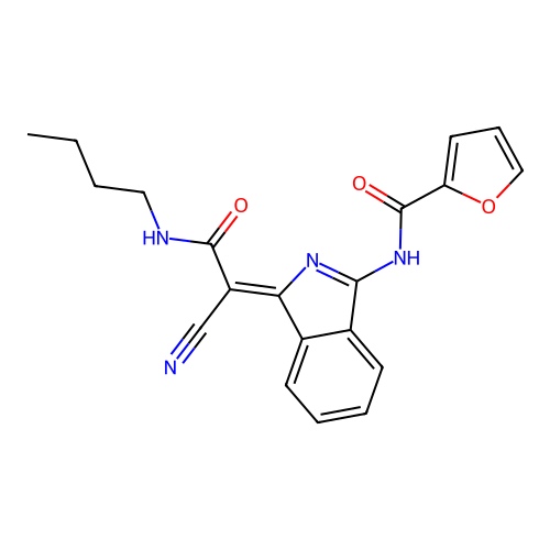 (Z)-N-(1-(2-(butylamino)-1-cyano-2-oxoethylidene)-1H-isoindol-3-yl)furan-2-carboxamide structure