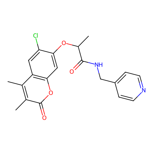 2-((6-chloro-3,4-dimethyl-2-oxo-2H-chromen-7-yl)oxy)-N-(pyridin-4-ylmethyl)propanamide structure