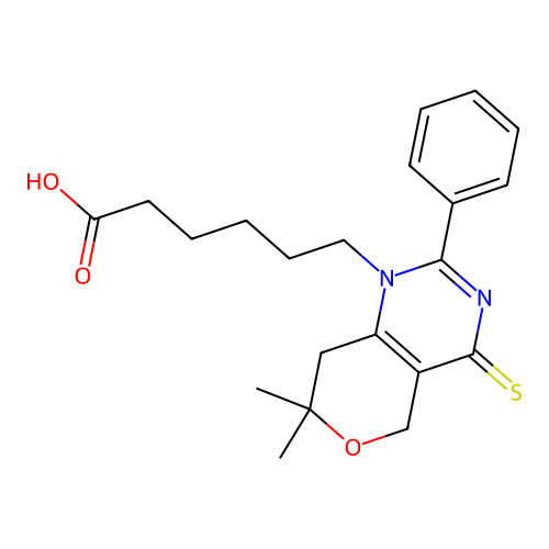6-(7,7-dimethyl-2-phenyl-4-sulfanylidene-5,8-dihydropyrano[4,3-d]pyrimidin-1-yl)hexanoic acid structure