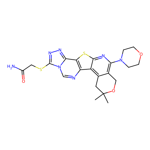 2-((8,8-dimethyl-11-morpholino-8,10-dihydro-7H-pyrano[4'',3'':4',5']pyrido[3',2':4,5]thieno[2,3-e][1,2,4]triazolo[4,3-c]pyrimidin-3-yl)thio)acetamide structure