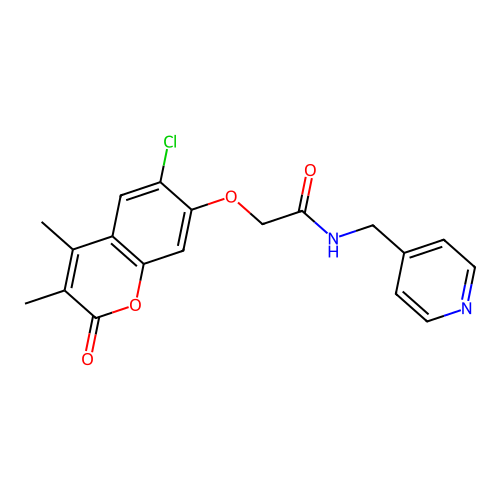 2-((6-chloro-3,4-dimethyl-2-oxo-2H-chromen-7-yl)oxy)-N-(pyridin-4-ylmethyl)acetamide structure