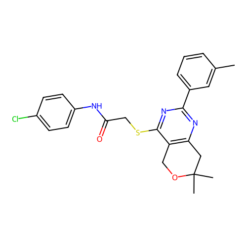 N-(4-chlorophenyl)-2-((7,7-dimethyl-2-(m-tolyl)-7,8-dihydro-5H-pyrano[4,3-d]pyrimidin-4-yl)thio)acetamide structure