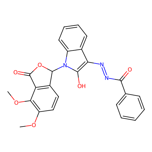 N-[[1-(4,5-dimethoxy-3-oxo-1H-2-benzofuran-1-yl)-2-oxoindol-3-ylidene]amino]benzamide structure