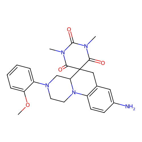 8'-amino-3'-(2-methoxyphenyl)-1,3-dimethylspiro[1,3-diazinane-5,5'-2,4,4a,6-tetrahydro-1H-pyrazino[1,2-a]quinoline]-2,4,6-trione structure