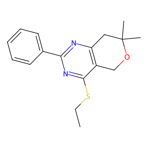 4-(ethylsulfanyl)-7,7-dimethyl-2-phenyl-7,8-dihydro-5H-pyrano[4,3-d]pyrimidine structure