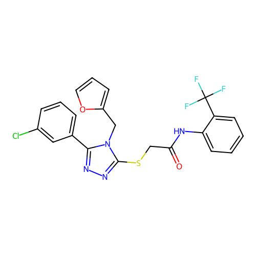 2-{[5-(3-chlorophenyl)-4-(furan-2-ylmethyl)-4H-1,2,4-triazol-3-yl]sulfanyl}-N-[2-(trifluoromethyl)phenyl]acetamide structure