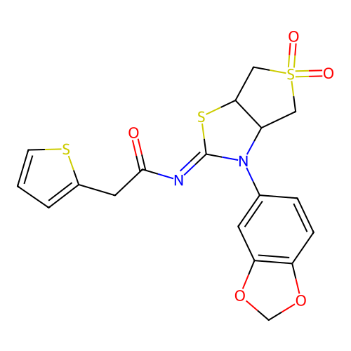 (Z)-N-(3-(benzo[d][1,3]dioxol-5-yl)-5,5-dioxidotetrahydrothieno[3,4-d]thiazol-2(3H)-ylidene)-2-(thiophen-2-yl)acetamide structure