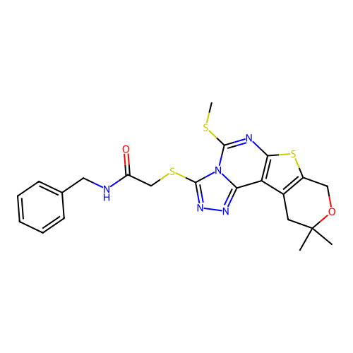 N-benzyl-2-((10,10-dimethyl-5-(methylthio)-10,11-dihydro-8H-pyrano[4',3':4,5]thieno[3,2-e][1,2,4]triazolo[4,3-c]pyrimidin-3-yl)thio)acetamide structure