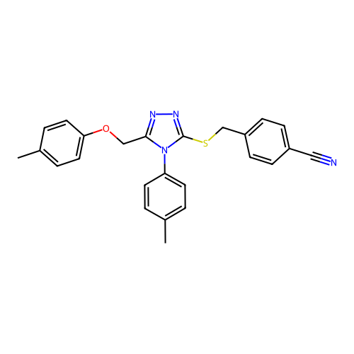 4-(((4-(p-tolyl)-5-((p-tolyloxy)methyl)-4H-1,2,4-triazol-3-yl)thio)methyl)benzonitrile structure