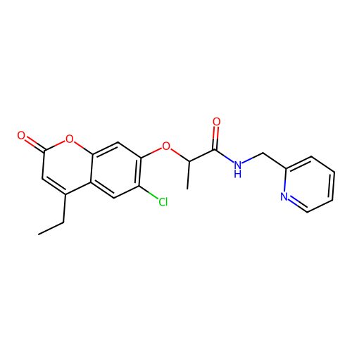 2-((6-chloro-4-ethyl-2-oxo-2H-chromen-7-yl)oxy)-N-(pyridin-2-ylmethyl)propanamide structure
