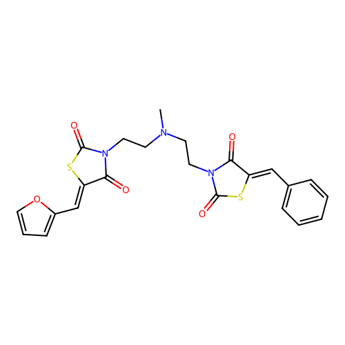 (5Z)-5-benzylidene-3-[2-[2-[(5Z)-5-(furan-2-ylmethylidene)-2,4-dioxo-1,3-thiazolidin-3-yl]ethyl-methylamino]ethyl]-1,3-thiazolidine-2,4-dione structure