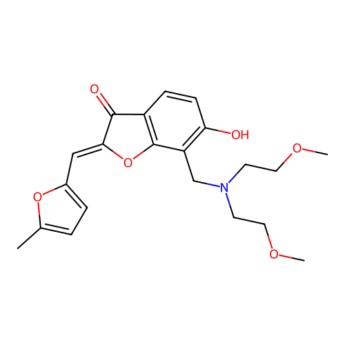 (Z)-7-((bis(2-methoxyethyl)amino)methyl)-6-hydroxy-2-((5-methylfuran-2-yl)methylene)benzofuran-3(2H)-one structure
