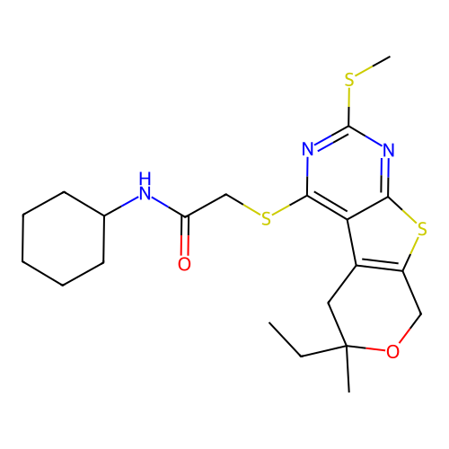 N-cyclohexyl-2-((6-ethyl-6-methyl-2-(methylthio)-6,8-dihydro-5H-pyrano[4',3':4,5]thieno[2,3-d]pyrimidin-4-yl)thio)acetamide structure