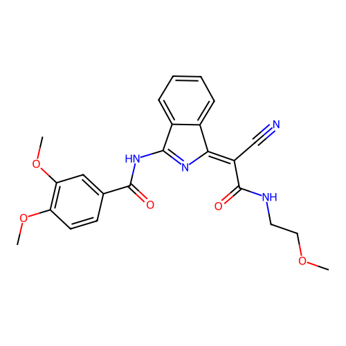 (Z)-N-(1-(1-cyano-2-((2-methoxyethyl)amino)-2-oxoethylidene)-1H-isoindol-3-yl)-3,4-dimethoxybenzamide structure