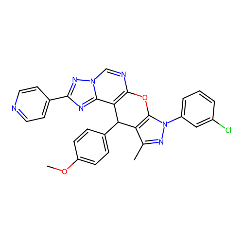 8-(3-chlorophenyl)-11-(4-methoxyphenyl)-10-methyl-2-(pyridin-4-yl)-8,11-dihydropyrazolo[4',3':5,6]pyrano[3,2-e][1,2,4]triazolo[1,5-c]pyrimidine structure