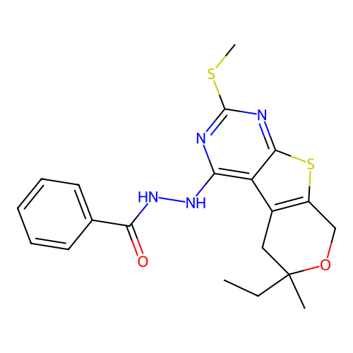 N'-(6-ethyl-6-methyl-2-(methylthio)-6,8-dihydro-5H-pyrano[4',3':4,5]thieno[2,3-d]pyrimidin-4-yl)benzohydrazide structure