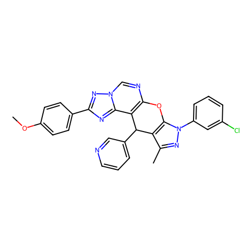 8-(3-chlorophenyl)-2-(4-methoxyphenyl)-10-methyl-11-(pyridin-3-yl)-8,11-dihydropyrazolo[4',3':5,6]pyrano[3,2-e][1,2,4]triazolo[1,5-c]pyrimidine structure