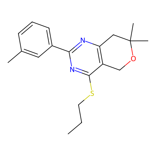 7,7-dimethyl-2-(3-methylphenyl)-4-(propylsulfanyl)-7,8-dihydro-5H-pyrano[4,3-d]pyrimidine structure