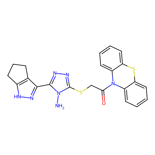 2-((4-amino-5-(1,4,5,6-tetrahydrocyclopenta[c]pyrazol-3-yl)-4H-1,2,4-triazol-3-yl)thio)-1-(10H-phenothiazin-10-yl)ethanone structure