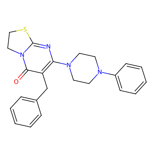 3-benzyl-4-(4-phenylpiperazin-1-yl)-7-thia-1,5-diazabicyclo[4.3.0]nona-3,5-dien-2-one structure