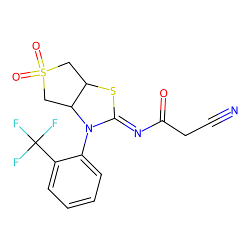(Z)-2-cyano-N-(5,5-dioxido-3-(2-(trifluoromethyl)phenyl)tetrahydrothieno[3,4-d]thiazol-2(3H)-ylidene)acetamide structure