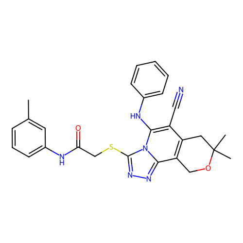 2-((6-cyano-8,8-dimethyl-5-(phenylamino)-8,10-dihydro-7H-pyrano[3,4-c][1,2,4]triazolo[4,3-a]pyridin-3-yl)thio)-N-(m-tolyl)acetamide structure