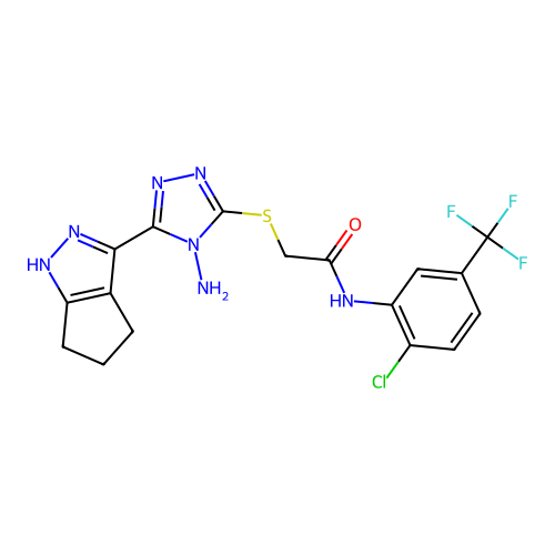 2-((4-amino-5-(1,4,5,6-tetrahydrocyclopenta[c]pyrazol-3-yl)-4H-1,2,4-triazol-3-yl)thio)-N-(2-chloro-5-(trifluoromethyl)phenyl)acetamide structure