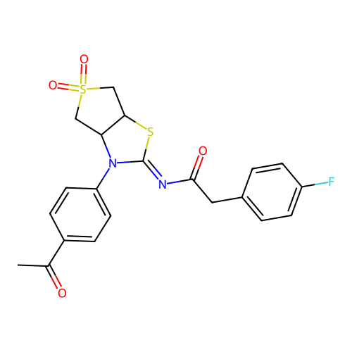 (Z)-N-(3-(4-acetylphenyl)-5,5-dioxidotetrahydrothieno[3,4-d]thiazol-2(3H)-ylidene)-2-(4-fluorophenyl)acetamide structure