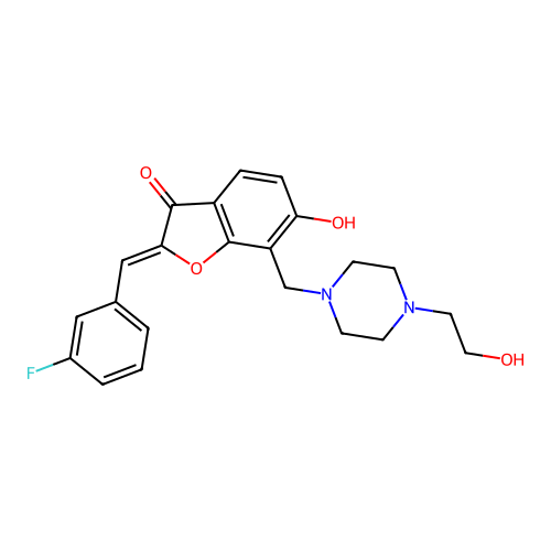 (Z)-2-(3-fluorobenzylidene)-6-hydroxy-7-((4-(2-hydroxyethyl)piperazin-1-yl)methyl)benzofuran-3(2H)-one structure