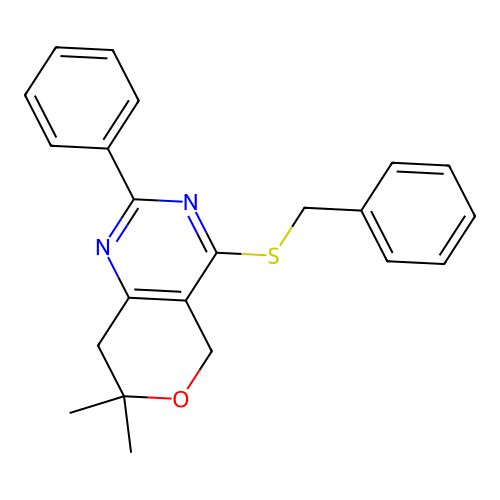 4-(benzylsulfanyl)-7,7-dimethyl-2-phenyl-7,8-dihydro-5H-pyrano[4,3-d]pyrimidine structure