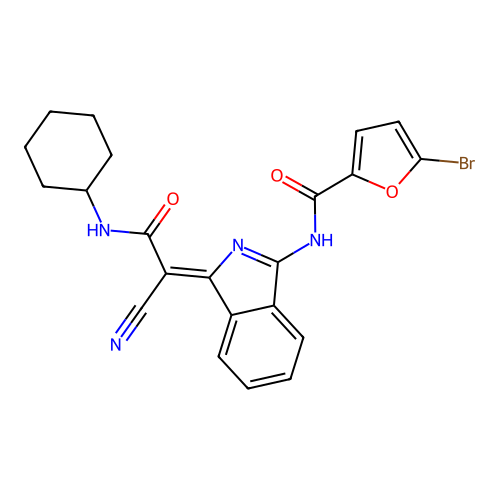 5-bromo-N-[3-[cyano-(cyclohexylcarbamoyl)methylidene]isoindol-1-yl]furan-2-carboxamide structure