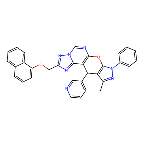 10-methyl-2-((naphthalen-1-yloxy)methyl)-8-phenyl-11-(pyridin-3-yl)-8,11-dihydropyrazolo[4',3':5,6]pyrano[3,2-e][1,2,4]triazolo[1,5-c]pyrimidine structure