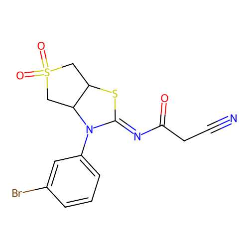 (Z)-N-(3-(3-bromophenyl)-5,5-dioxidotetrahydrothieno[3,4-d]thiazol-2(3H)-ylidene)-2-cyanoacetamide structure