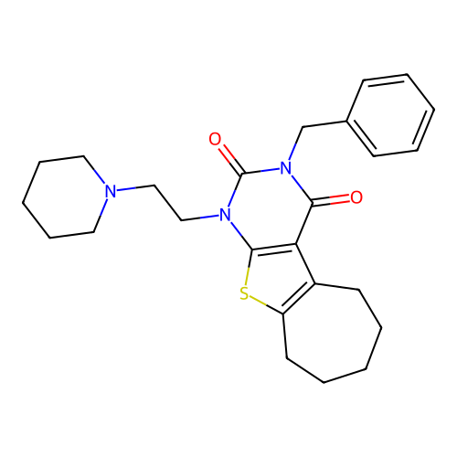 3-benzyl-1-(2-(piperidin-1-yl)ethyl)-6,7,8,9-tetrahydro-1H-cyclohepta[4,5]thieno[2,3-d]pyrimidine-2,4(3H,5H)-dione structure