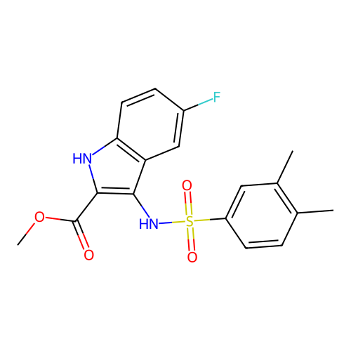 methyl 3-{[(3,4-dimethylphenyl)sulfonyl]amino}-5-fluoro-1H-indole-2-carboxylate structure
