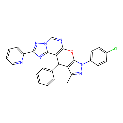 8-(4-chlorophenyl)-10-methyl-11-phenyl-2-(pyridin-2-yl)-8,11-dihydropyrazolo[4',3':5,6]pyrano[3,2-e][1,2,4]triazolo[1,5-c]pyrimidine structure