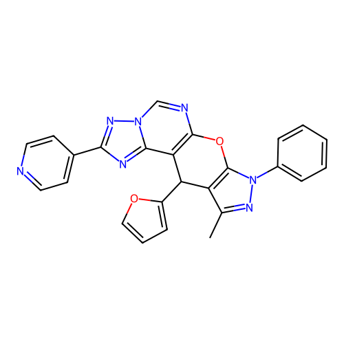 11-(furan-2-yl)-10-methyl-8-phenyl-2-(pyridin-4-yl)-8,11-dihydropyrazolo[4',3':5,6]pyrano[3,2-e][1,2,4]triazolo[1,5-c]pyrimidine structure