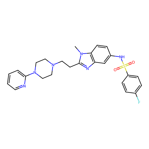 4-fluoro-N-(1-methyl-2-{2-[4-(pyridin-2-yl)piperazin-1-yl]ethyl}-1H-benzimidazol-5-yl)benzenesulfonamide structure
