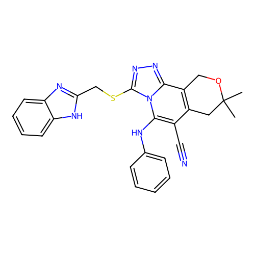 3-(((1H-benzo[d]imidazol-2-yl)methyl)thio)-8,8-dimethyl-5-(phenylamino)-8,10-dihydro-7H-pyrano[3,4-c][1,2,4]triazolo[4,3-a]pyridine-6-carbonitrile structure