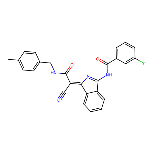 (Z)-3-chloro-N-(1-(1-cyano-2-((4-methylbenzyl)amino)-2-oxoethylidene)-1H-isoindol-3-yl)benzamide structure