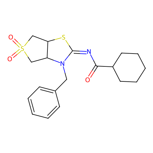 (Z)-N-(3-benzyl-5,5-dioxidotetrahydrothieno[3,4-d]thiazol-2(3H)-ylidene)cyclohexanecarboxamide structure
