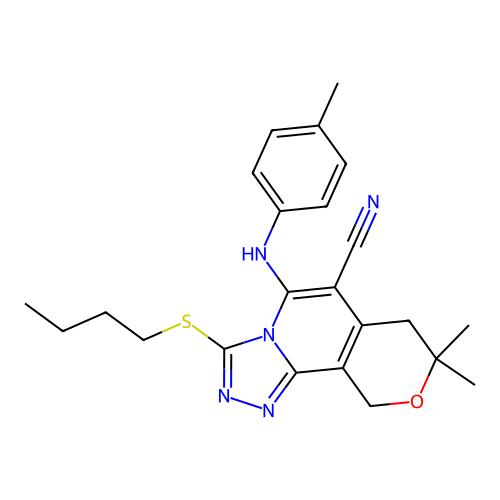 3-(butylsulfanyl)-8,8-dimethyl-5-[(4-methylphenyl)amino]-7,10-dihydro-8H-pyrano[3,4-c][1,2,4]triazolo[4,3-a]pyridine-6-carbonitrile structure