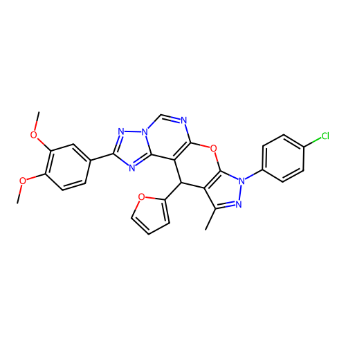 8-(4-chlorophenyl)-2-(3,4-dimethoxyphenyl)-11-(furan-2-yl)-10-methyl-8,11-dihydropyrazolo[4',3':5,6]pyrano[3,2-e][1,2,4]triazolo[1,5-c]pyrimidine structure
