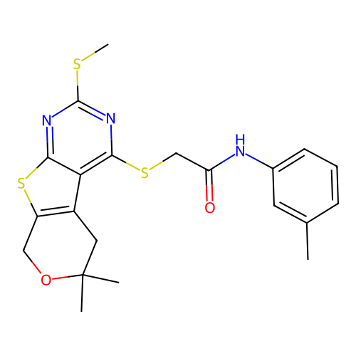 2-((6,6-dimethyl-2-(methylthio)-6,8-dihydro-5H-pyrano[4',3':4,5]thieno[2,3-d]pyrimidin-4-yl)thio)-N-(m-tolyl)acetamide structure