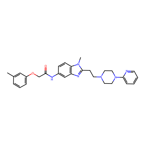 2-(3-methylphenoxy)-N-(1-methyl-2-{2-[4-(pyridin-2-yl)piperazin-1-yl]ethyl}-1H-benzimidazol-5-yl)acetamide structure