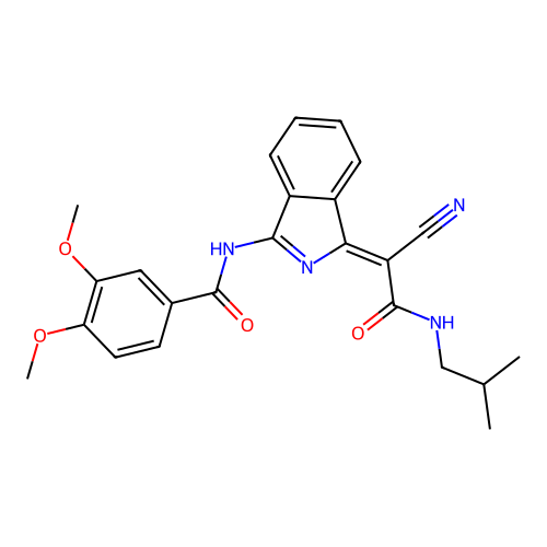 (Z)-N-(1-(1-cyano-2-(isobutylamino)-2-oxoethylidene)-1H-isoindol-3-yl)-3,4-dimethoxybenzamide structure